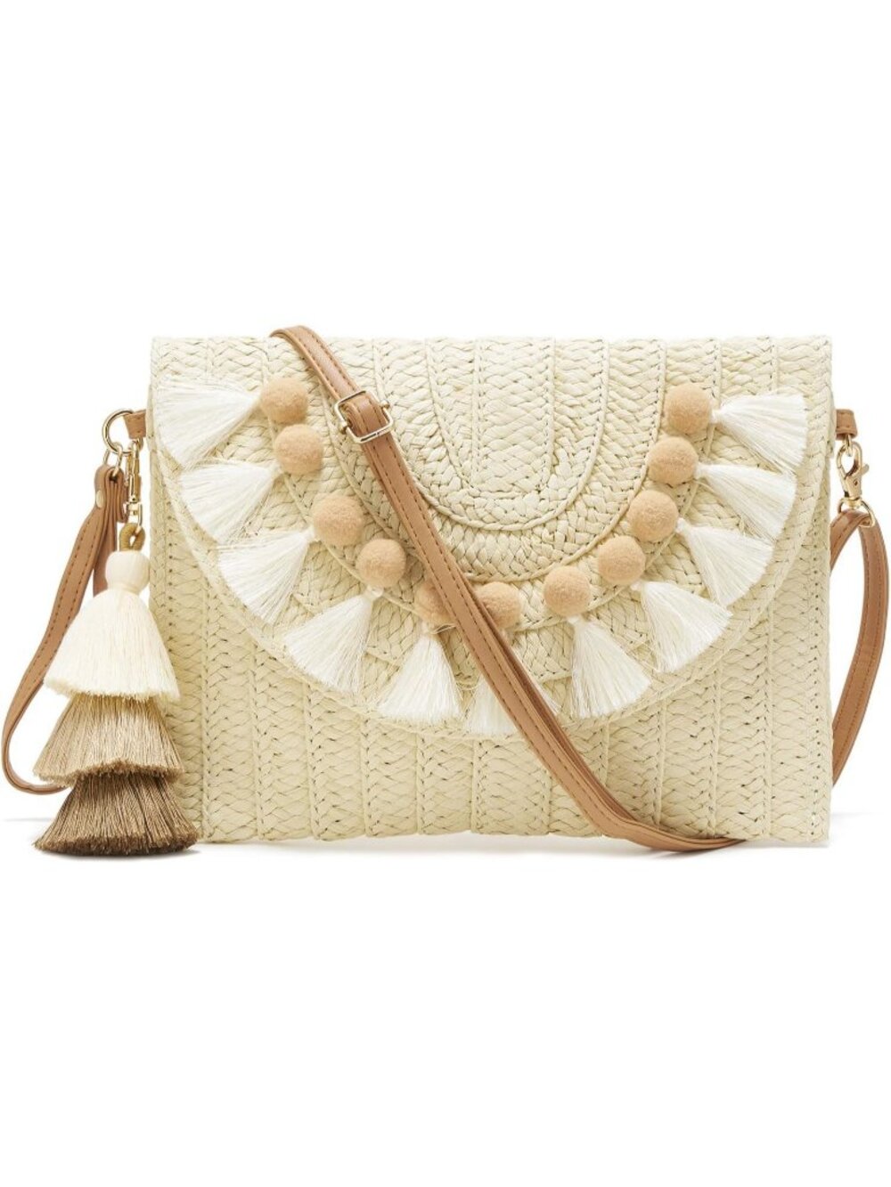 Womens Beige Summer Straw Envelope Clutch Elegant Beach Crossbody Shoulder Bag
